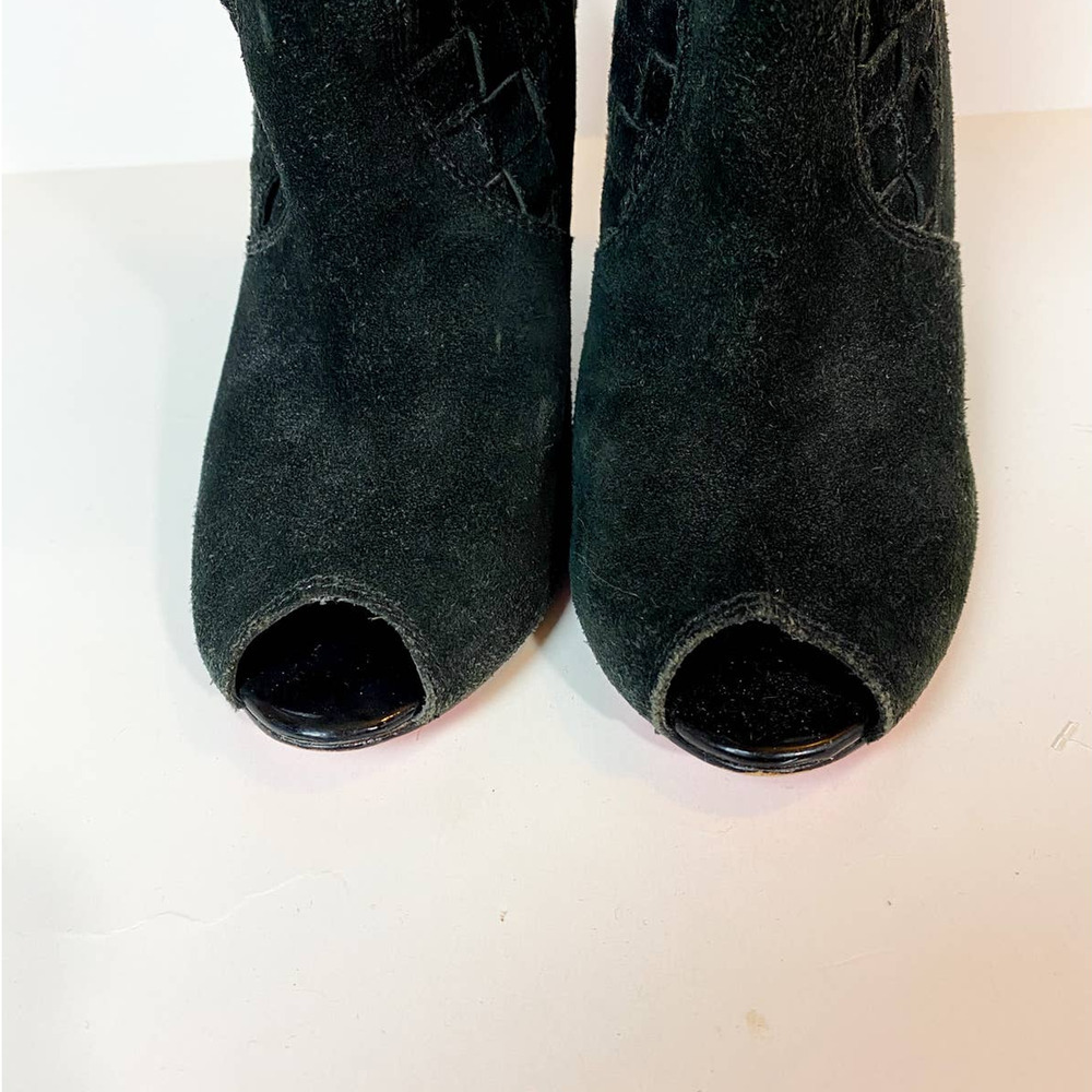 Betsey Johnson Black Suede Peep Toe Skinny Wedge Booties - Picture 4 of 9